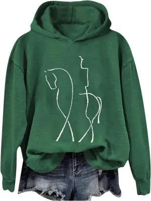 Funny Abstract Horse Print Hoodies Women Oversized Casual Fleece Sweatshirt Cute Knight Graphic Hooded Pullover Tops