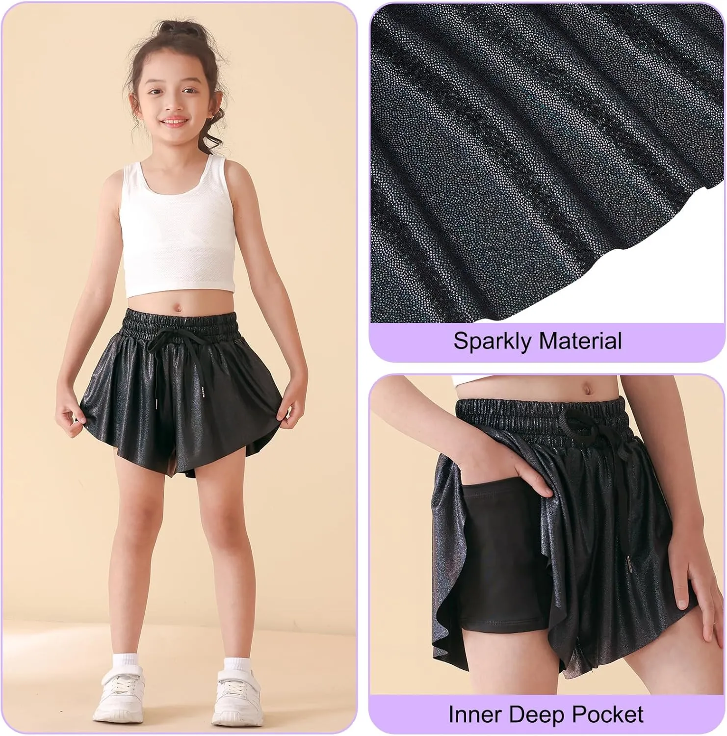 Girls Butterfly Shorts Sparkle Flowy Athletic Shorts for Girls Gym Skorts 2-in-1 Skirt for Kids Preppy Clothes