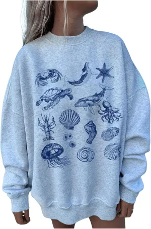GORGLITTER Women's Oversized Graphic Sweatshirt Crewneck Cute Long Sleeve Shirt Pullover Top