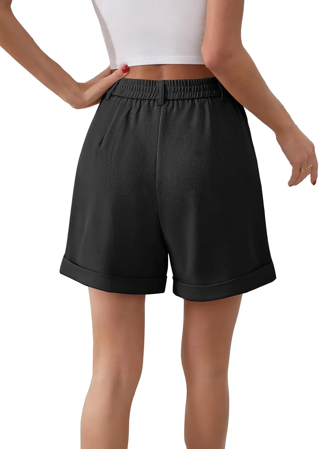 Gracyoga Shorts for Women Trendy Summer Elastic High Waisted Wide Leg Casual Short Loose Cuffed Hem Work Trouser Shorts