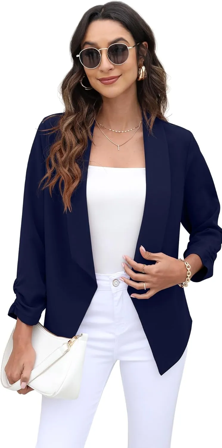 GRECERELLE Women's Blazer Suit Open Front Cardigan 3/4 Sleeve Fitted Jacket Casual Office Cropped Blazer