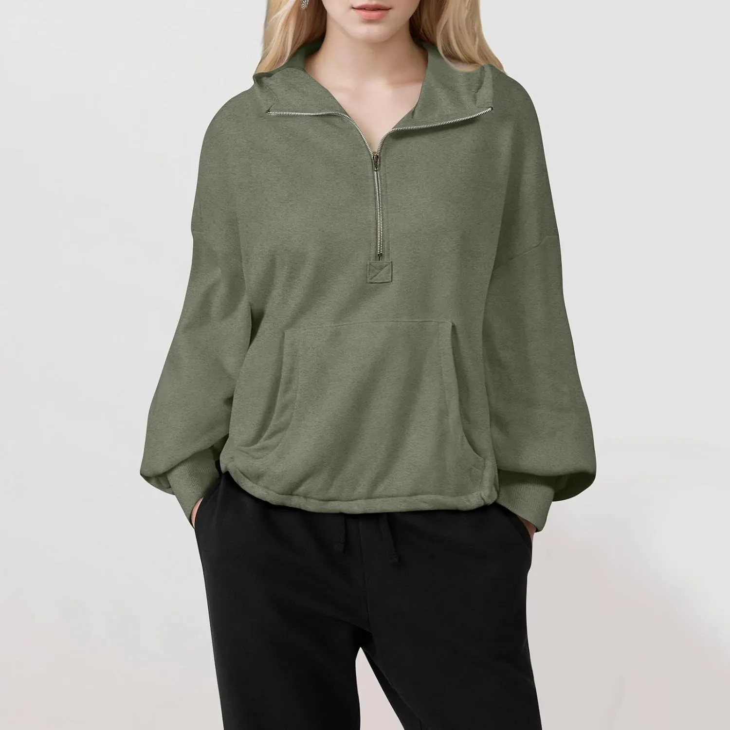 Half Zip Pullover Women Casual Long Sleeve Lapel Hooded Sweatshirt Cute Hoodies with Adjustable Drawstring Bottom