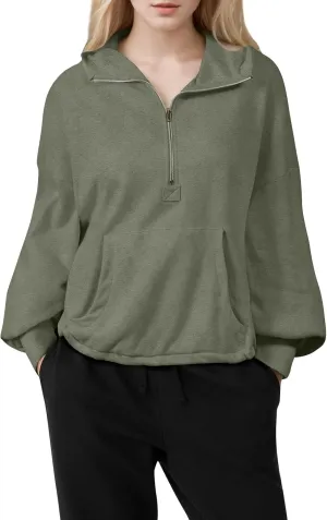 Half Zip Pullover Women Casual Long Sleeve Lapel Hooded Sweatshirt Cute Hoodies with Adjustable Drawstring Bottom