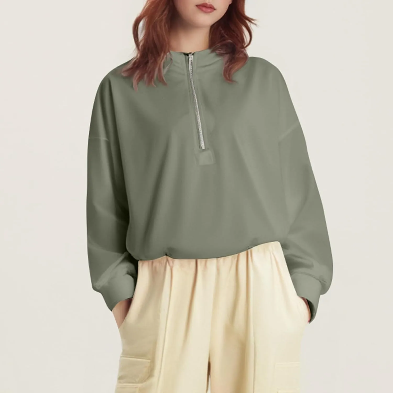 Half Zip Pullover Women Casual Long Sleeve Lapel Hooded Sweatshirt Cute Hoodies with Adjustable Drawstring Bottom