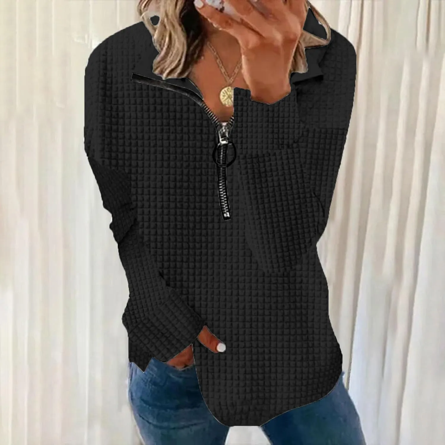 Half Zip Sweatshirt Women 1/2 Zipper Oversized Waffle Quilted Pattern Cropped Pullover Fall Winter Tops