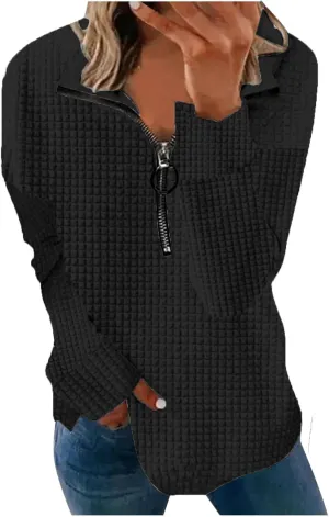 Half Zip Sweatshirt Women 1/2 Zipper Oversized Waffle Quilted Pattern Cropped Pullover Fall Winter Tops