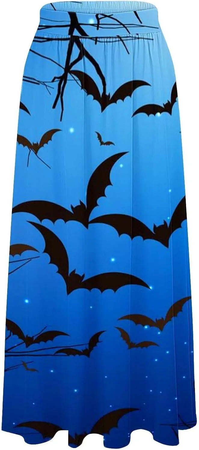 Halloween bat Pattern Skirts Waist Party Beach Pocket Long Maxi Skirt Fluffy Skirt Tulle Skirts for Women Black