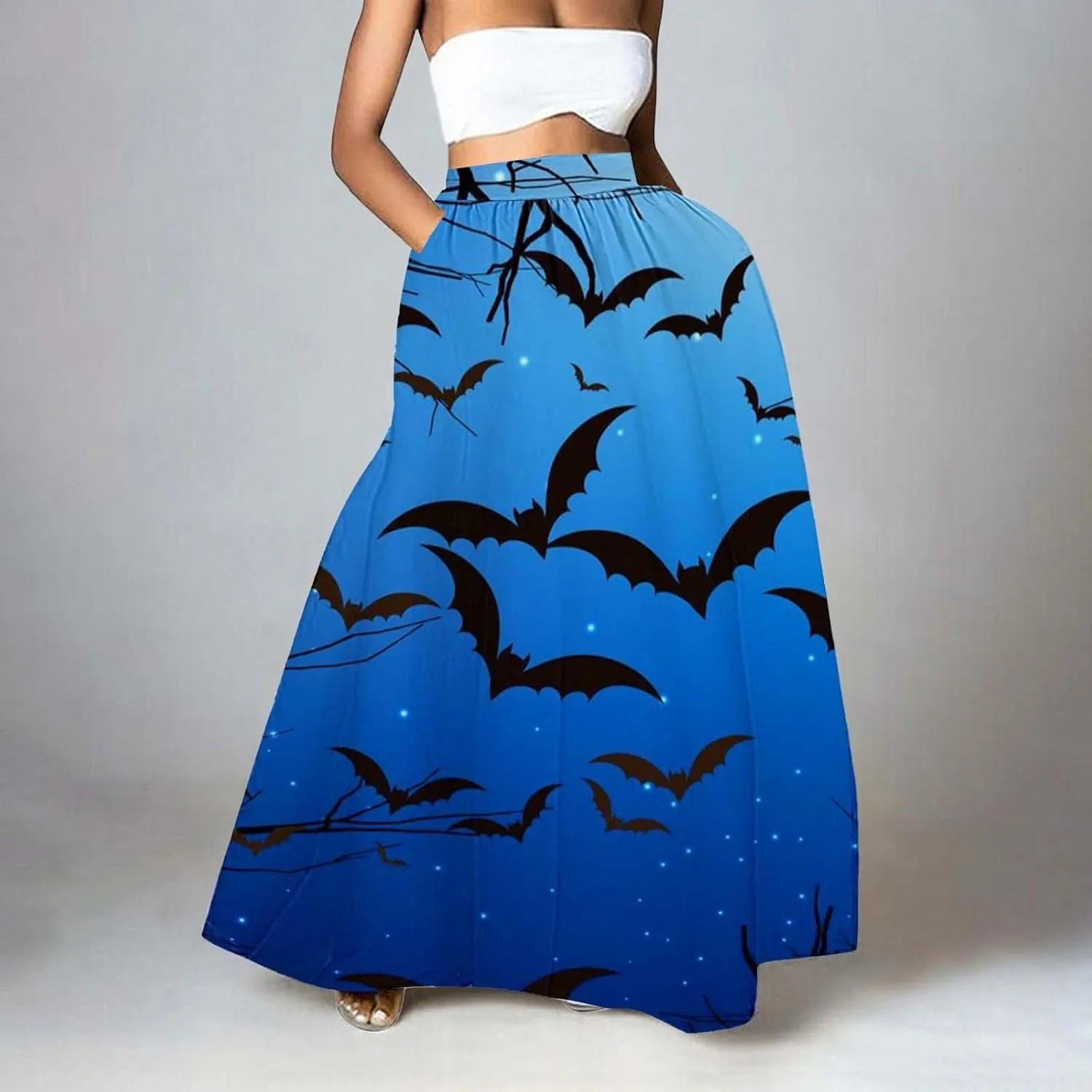 Halloween bat Pattern Skirts Waist Party Beach Pocket Long Maxi Skirt Fluffy Skirt Tulle Skirts for Women Black