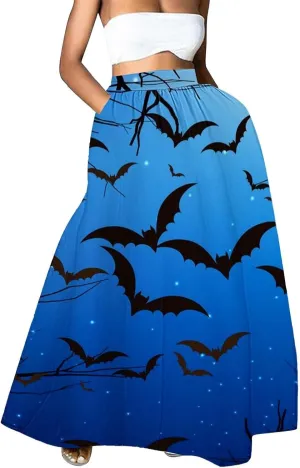 Halloween bat Pattern Skirts Waist Party Beach Pocket Long Maxi Skirt Fluffy Skirt Tulle Skirts for Women Black