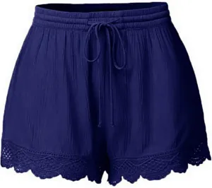 HAVUITYY Women Casual Shorts Summer Floral Lace Plus Size High Waist Drawstring Dressy Yoga Shorts Soft Trendy Beach Clothes