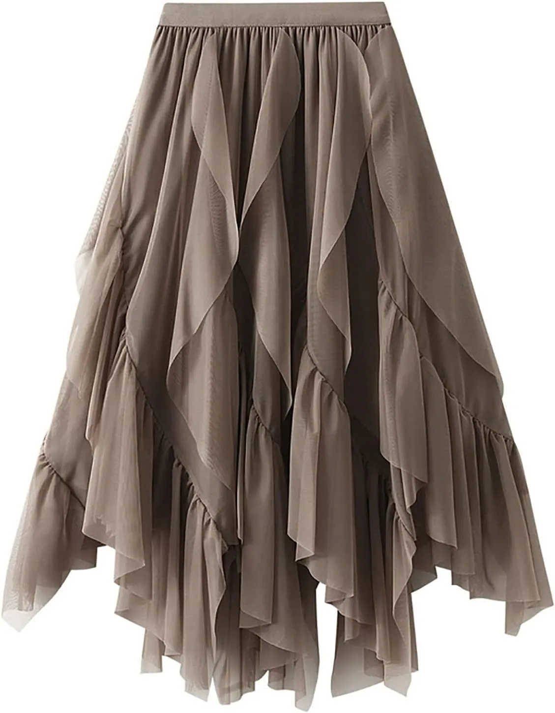 HGps8w Women Mesh Midi Skirt Multilayer Irregular Ruffled High Waist Lace Ballet Prom Party Tulle Tutu A-line Skirts
