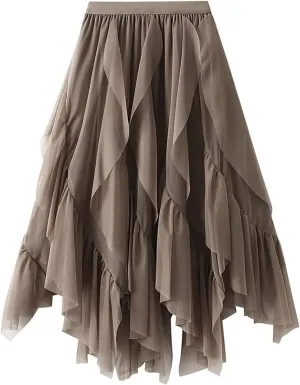 HGps8w Women Mesh Midi Skirt Multilayer Irregular Ruffled High Waist Lace Ballet Prom Party Tulle Tutu A-line Skirts