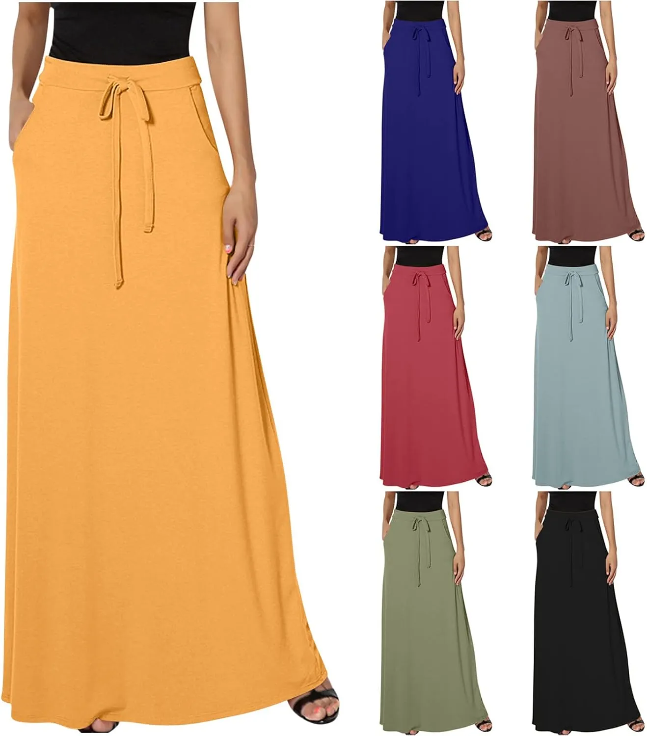 HGps8w Women's Loose Flare Maxi Skirts Elastic High Waist Drawstring Casual Solid Color Ankle Long Skirt with Pockets