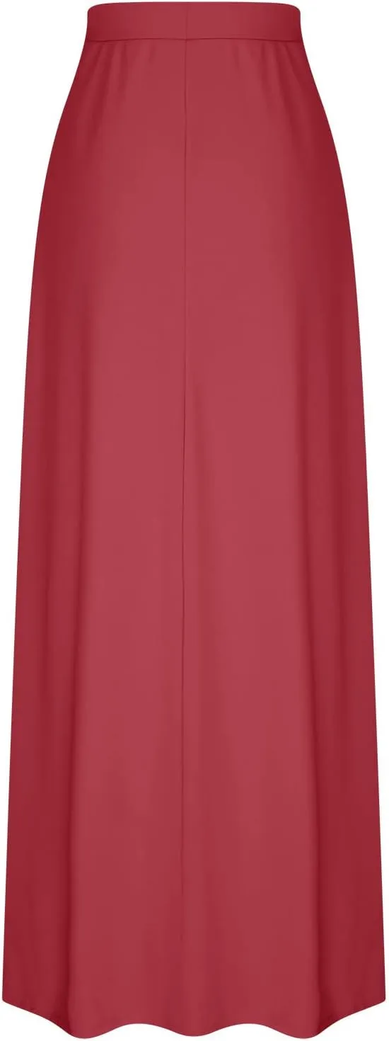 HGps8w Women's Loose Flare Maxi Skirts Elastic High Waist Drawstring Casual Solid Color Ankle Long Skirt with Pockets