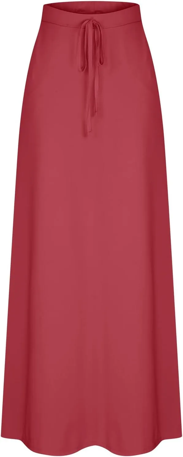 HGps8w Women's Loose Flare Maxi Skirts Elastic High Waist Drawstring Casual Solid Color Ankle Long Skirt with Pockets