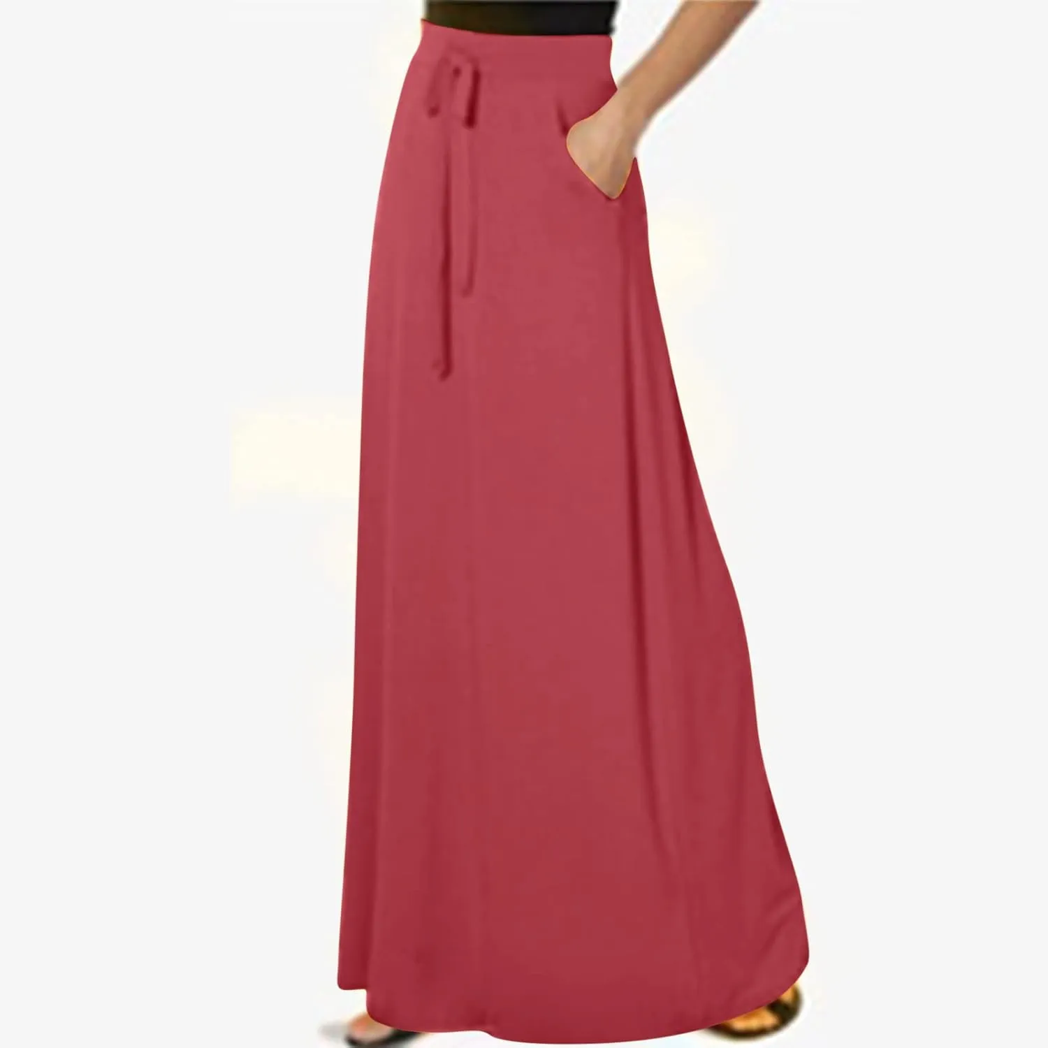 HGps8w Women's Loose Flare Maxi Skirts Elastic High Waist Drawstring Casual Solid Color Ankle Long Skirt with Pockets