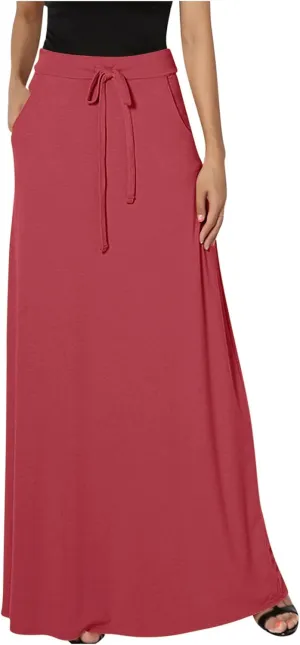 HGps8w Women's Loose Flare Maxi Skirts Elastic High Waist Drawstring Casual Solid Color Ankle Long Skirt with Pockets