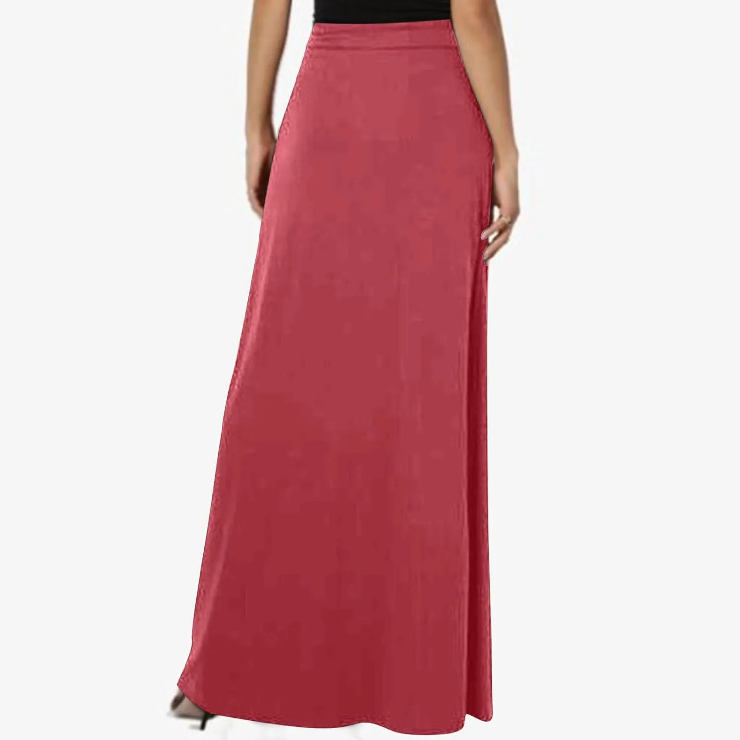 HGps8w Women's Loose Flare Maxi Skirts Elastic High Waist Drawstring Casual Solid Color Ankle Long Skirt with Pockets