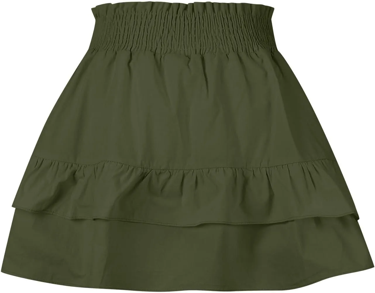 High Waisted Skirt for Women Ruffle Hem Flowy Stretchy Summer Mini Skirt Casual A Line Swing Beach Mini Short Skirt