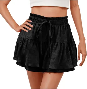 hlysgo Flowy Shorts for Women Casual Boho Ruffle Tiered Skorts High Waisted Drawstring Mini Skirts Tennis Comfy Shorts 2025