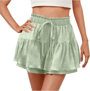 hlysgo Flowy Shorts for Women Casual Boho Ruffle Tiered Skorts High Waisted Drawstring Mini Skirts Tennis Comfy Shorts 2025