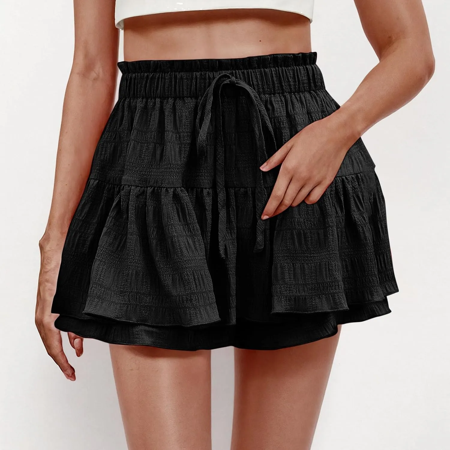 hlysgo Flowy Shorts for Women Casual Boho Ruffle Tiered Skorts High Waisted Drawstring Mini Skirts Tennis Comfy Shorts 2025