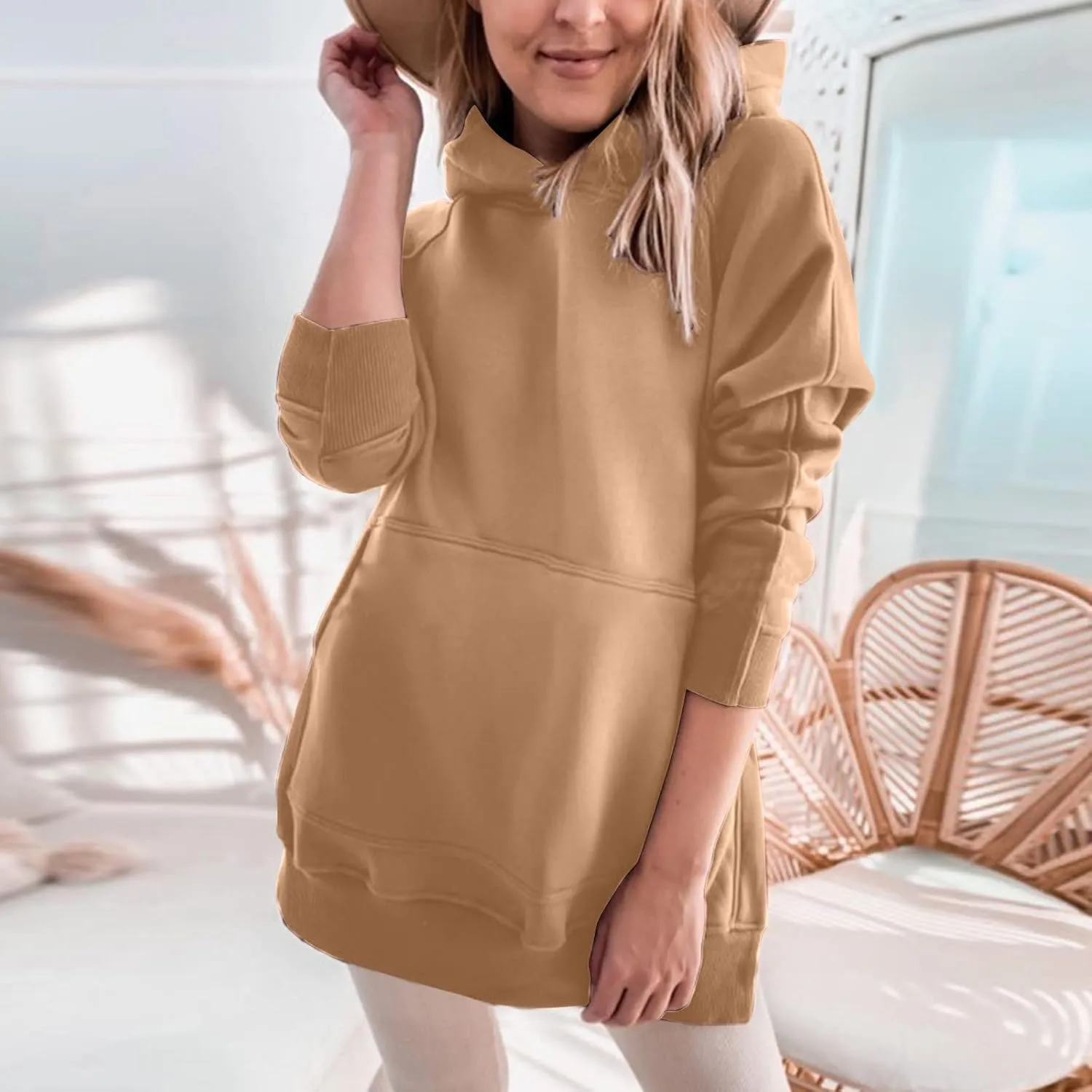 Hooded Sweatshirt Solid Color Ladies Solid Color Thickened Slit Front Pocket Long Sleeve Hoodie