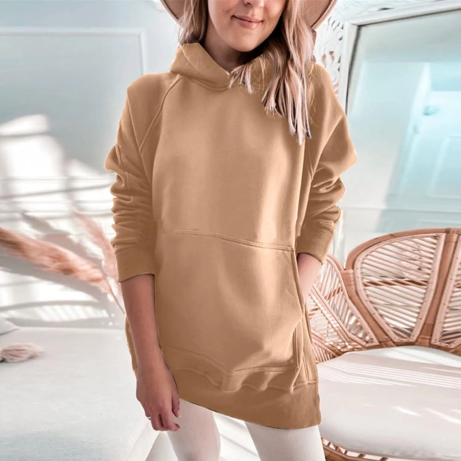 Hooded Sweatshirt Solid Color Ladies Solid Color Thickened Slit Front Pocket Long Sleeve Hoodie