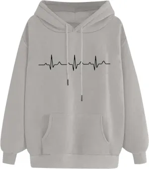 Hooded Sweatshirts for Women Cute Heart Print Hoodies Funny Graphic Long Sleeve Pullover Tops With Pockets