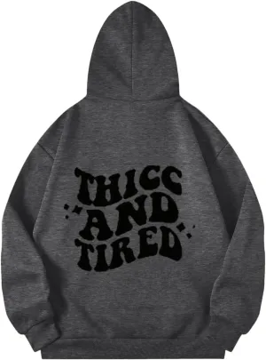 Hoodies Aesthetic Thicc and Tired Shape Printed Christian Pullover Hoodie with Pocket Drop Shoulder Loose Fit Fall Winter