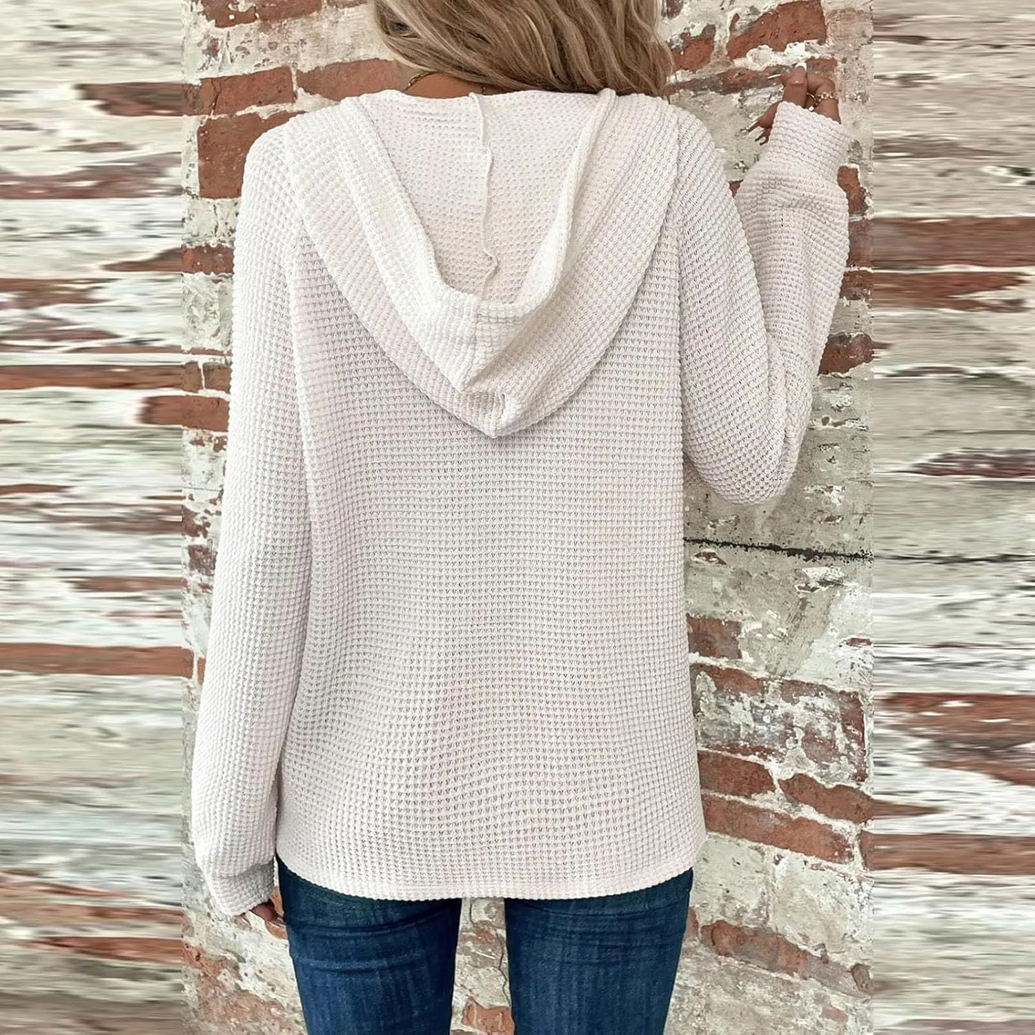 Hoodies for Women Comfy V Neck Waffle Knit Hooded Sweatshirts Drawstring Casual Long Sleeve Fall Pullover Sweaters