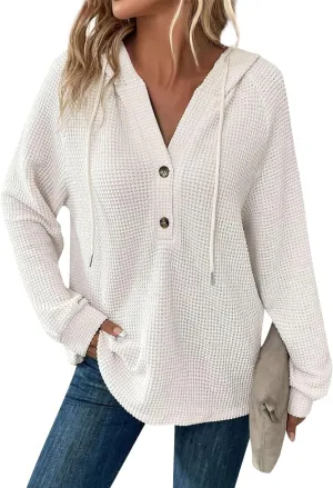 Hoodies for Women Comfy V Neck Waffle Knit Hooded Sweatshirts Drawstring Casual Long Sleeve Fall Pullover Sweaters