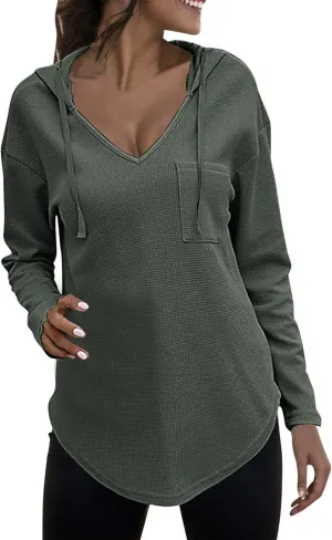 Hoodies For Women Loose Fit Oversized V Neck Drawstring Pullover Tops Workout Hooded With Pockets Pullover Clothes