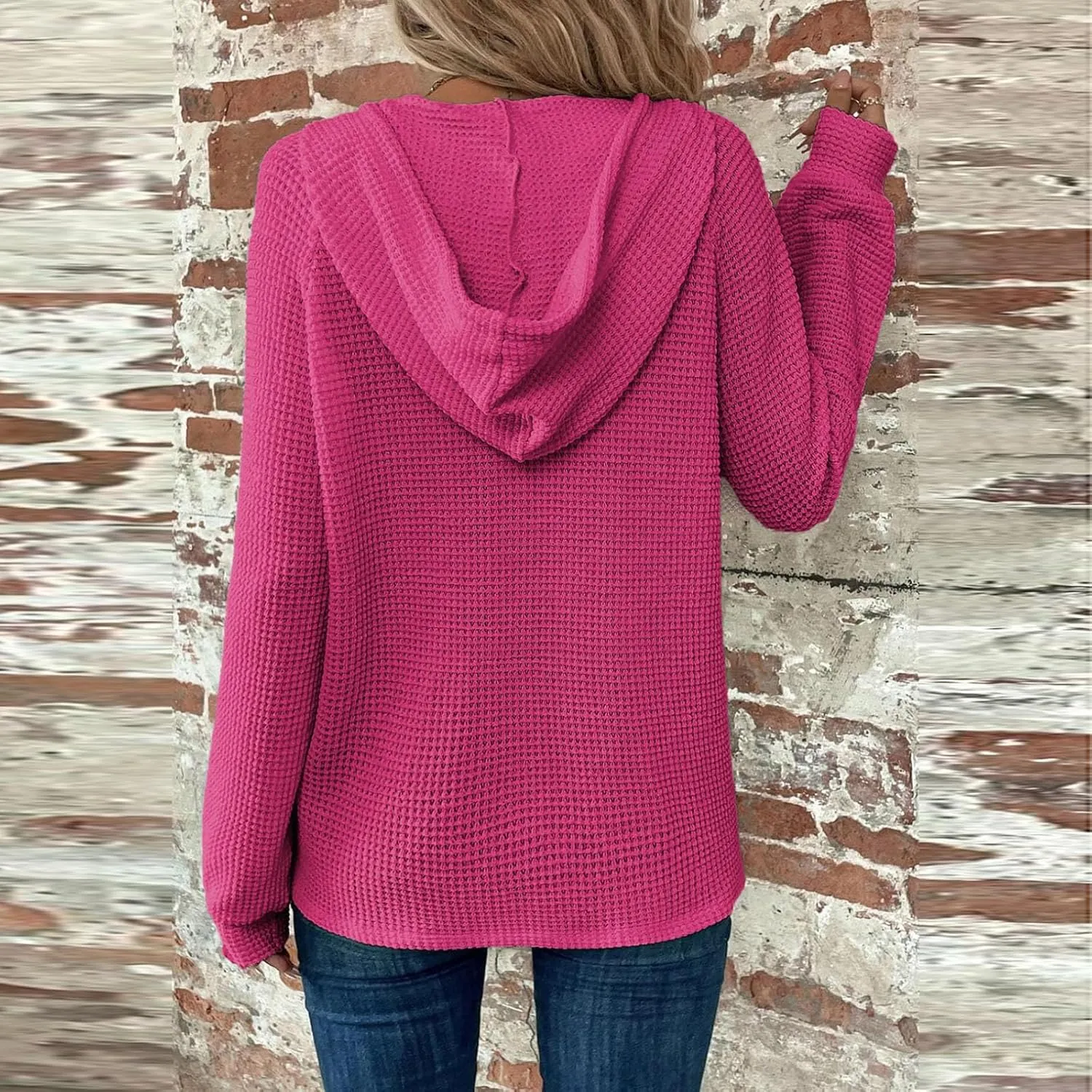 Hoodies for Women Waffle Knit Drawstring Button V Neck Hooded Sweatshirt Fall Loose Fit Long Sleeve Pullover Sweater