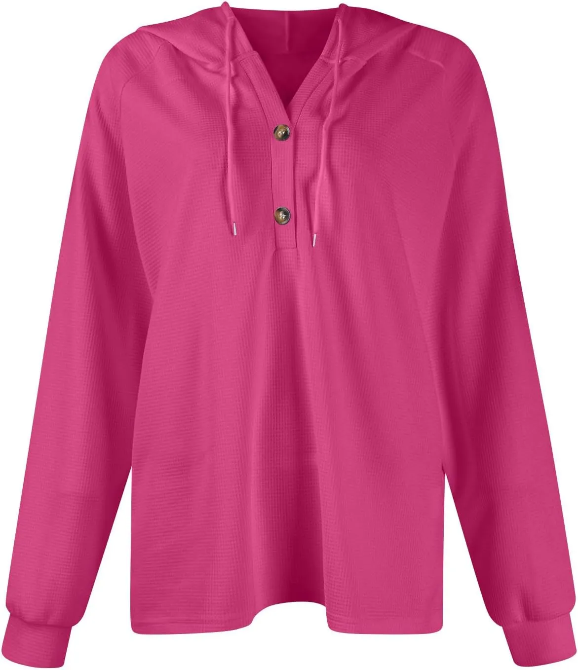 Hoodies for Women Waffle Knit Drawstring Button V Neck Hooded Sweatshirt Fall Loose Fit Long Sleeve Pullover Sweater