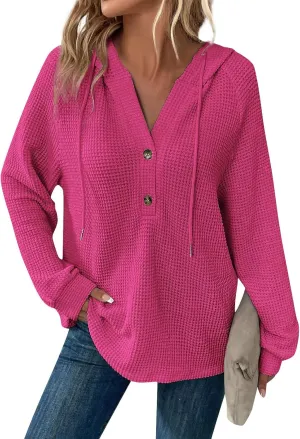 Hoodies for Women Waffle Knit Drawstring Button V Neck Hooded Sweatshirt Fall Loose Fit Long Sleeve Pullover Sweater