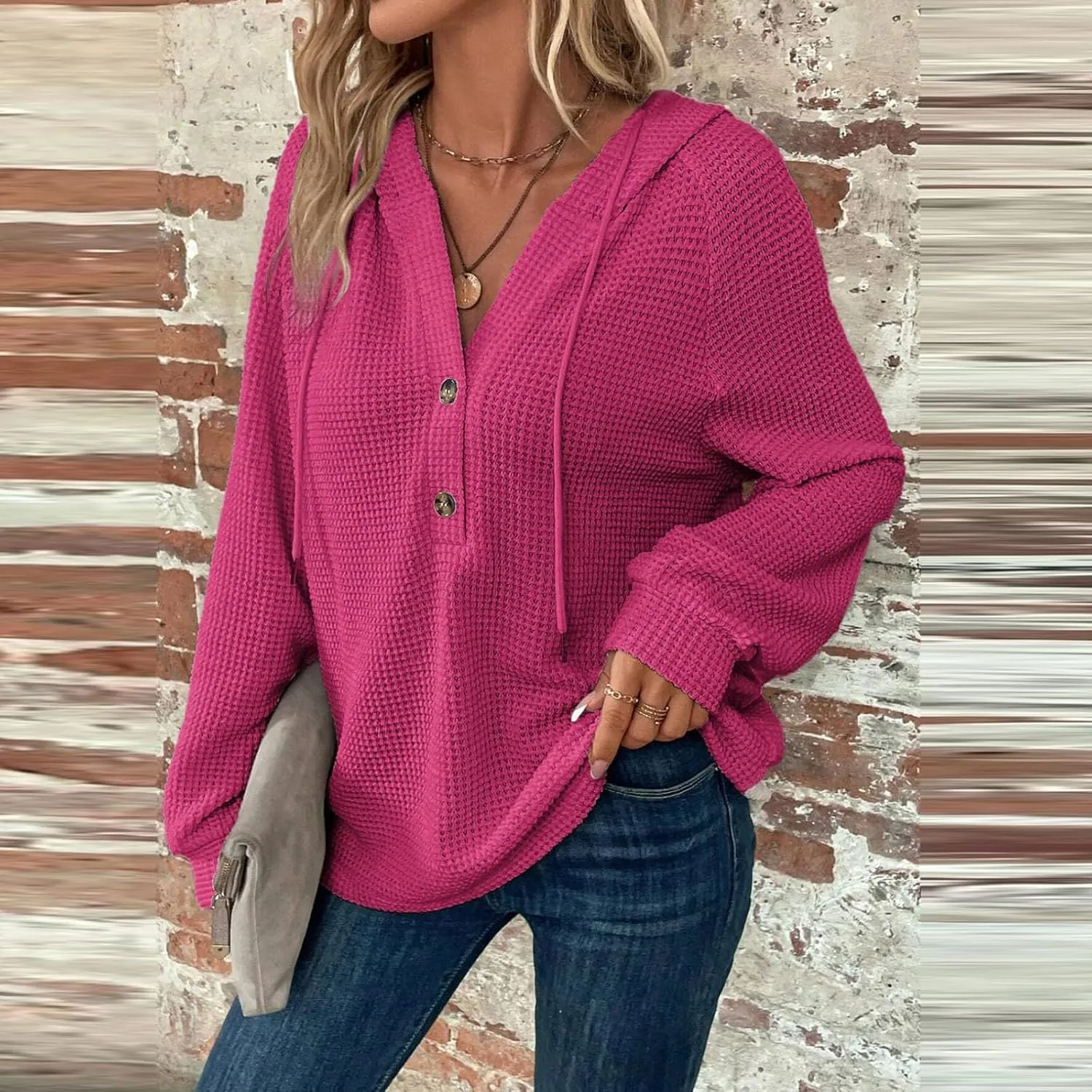 Hoodies for Women Waffle Knit Drawstring Button V Neck Hooded Sweatshirt Fall Loose Fit Long Sleeve Pullover Sweater