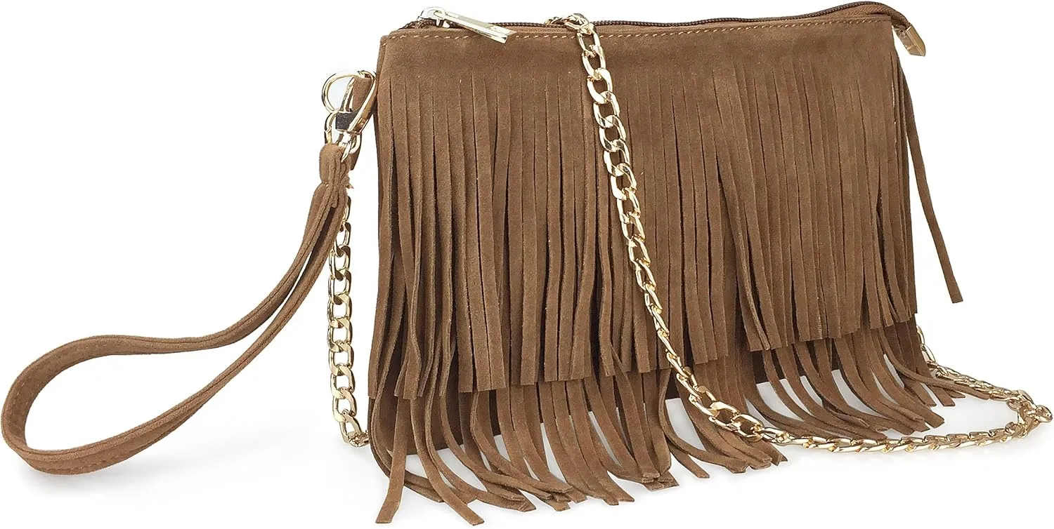 HOXIS Fringe Cross Body Bag Womens Small Shoulder Bag Top Zip Wristlet