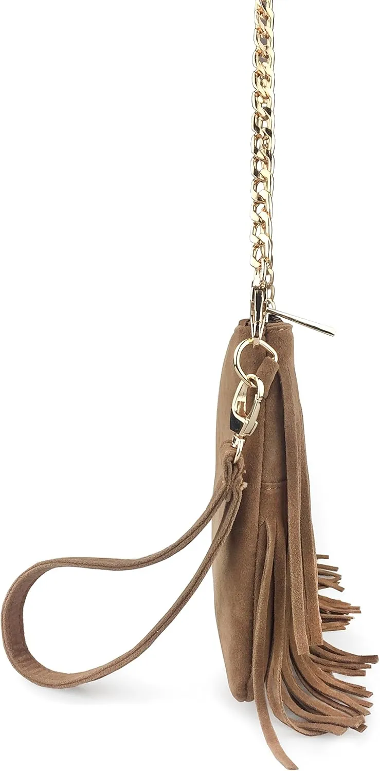 HOXIS Fringe Cross Body Bag Womens Small Shoulder Bag Top Zip Wristlet