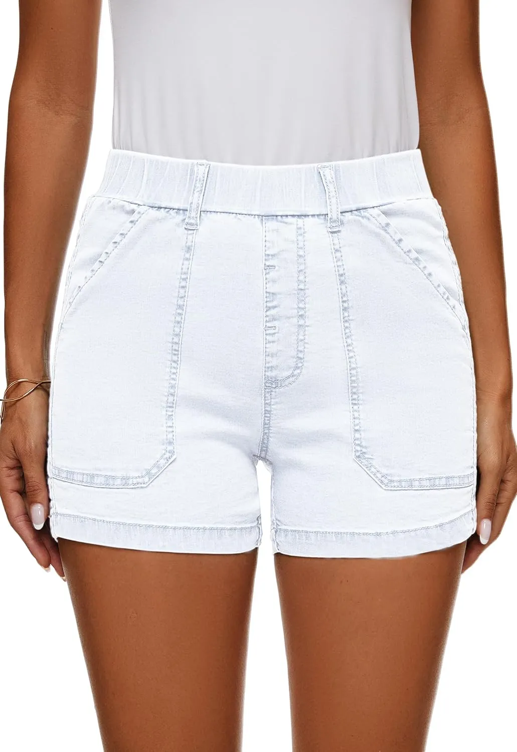 HVEPUO Womens Jean Shorts High Waisted Summer Cotton Stretchy Casual Pull On Beach Elastic Waist Denim Shorts with Pockets