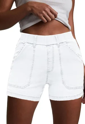 HVEPUO Womens Jean Shorts High Waisted Summer Cotton Stretchy Casual Pull On Beach Elastic Waist Denim Shorts with Pockets