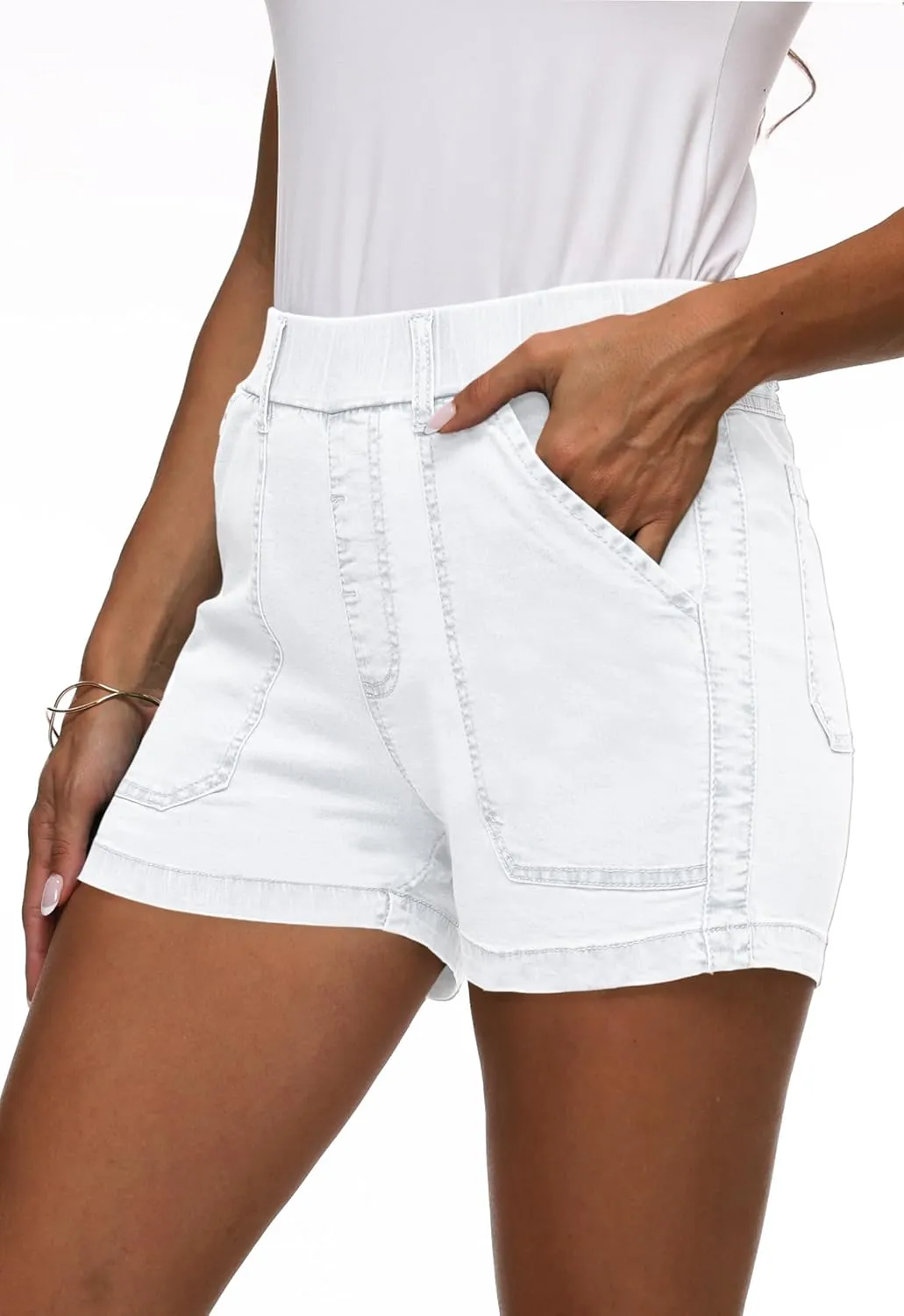 HVEPUO Womens Jean Shorts High Waisted Summer Cotton Stretchy Casual Pull On Beach Elastic Waist Denim Shorts with Pockets