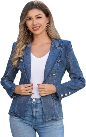 IBTOM CASTLE Denim Blazer for Women Long Sleeve Double-breasted Button Ladies Business Work Fitted Jean Jacket With Pockets