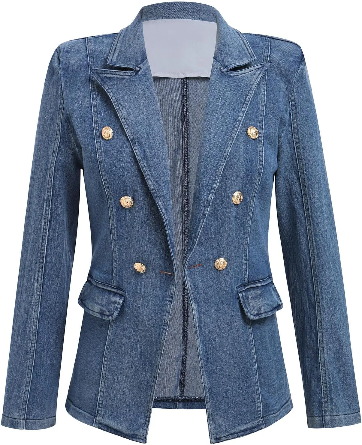 IBTOM CASTLE Denim Blazer for Women Long Sleeve Double-breasted Button Ladies Business Work Fitted Jean Jacket With Pockets