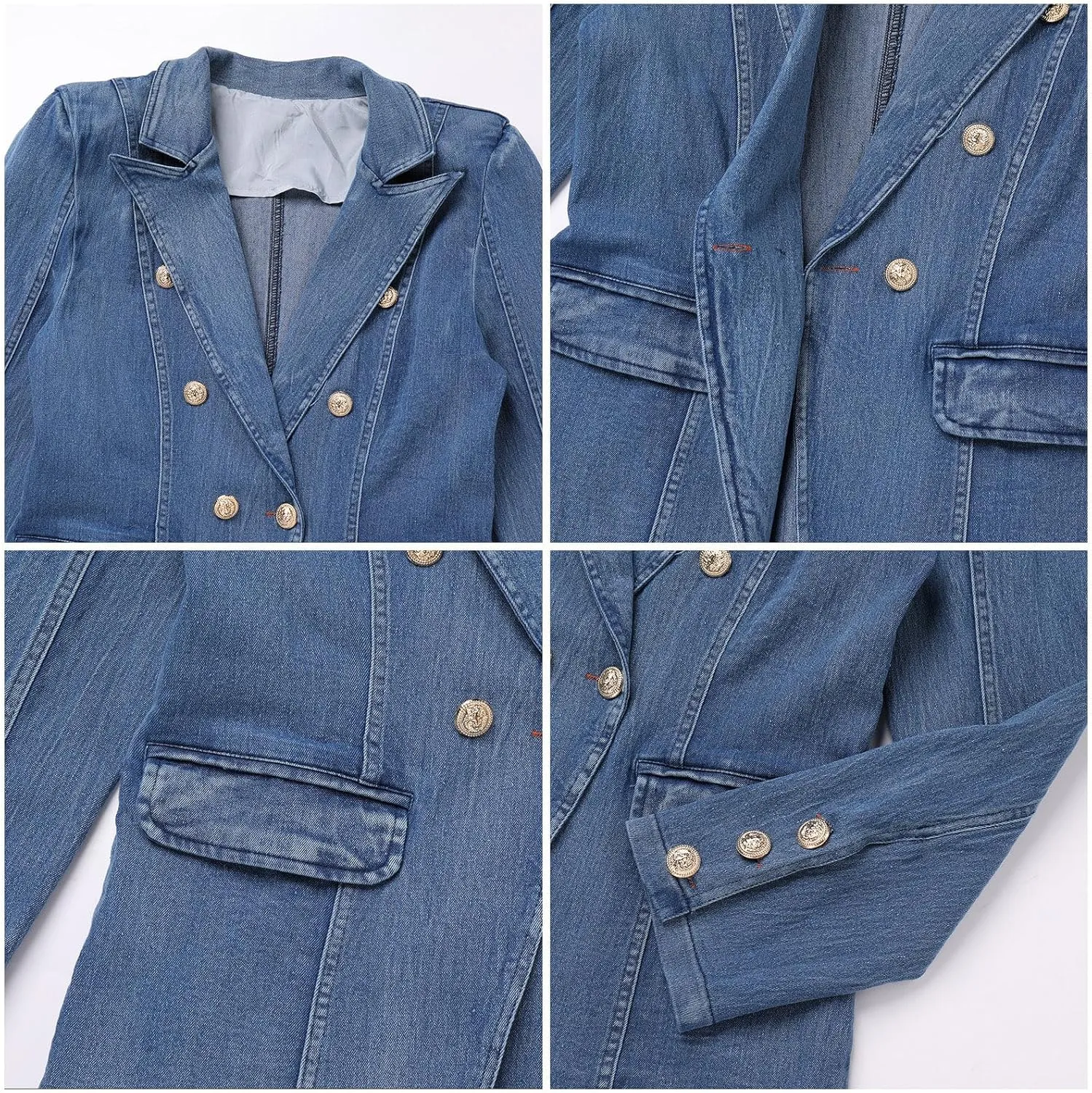 IBTOM CASTLE Denim Blazer for Women Long Sleeve Double-breasted Button Ladies Business Work Fitted Jean Jacket With Pockets