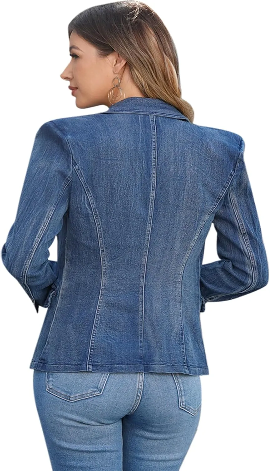 IBTOM CASTLE Denim Blazer for Women Long Sleeve Double-breasted Button Ladies Business Work Fitted Jean Jacket With Pockets