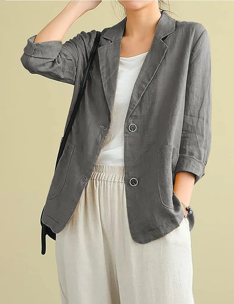 IDEALSANXUN Cotton Linen Blazer for Womens Long Sleeve Loose Casual Blazer Jackets