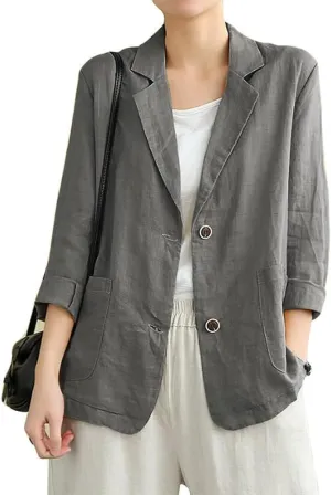 IDEALSANXUN Cotton Linen Blazer for Womens Long Sleeve Loose Casual Blazer Jackets