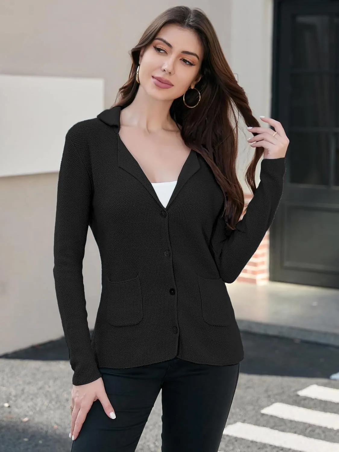 IDEALSANXUN Womens Knit Blazer Casual Lightweight Spring Fall Sweater Jackets Cardigan Coat