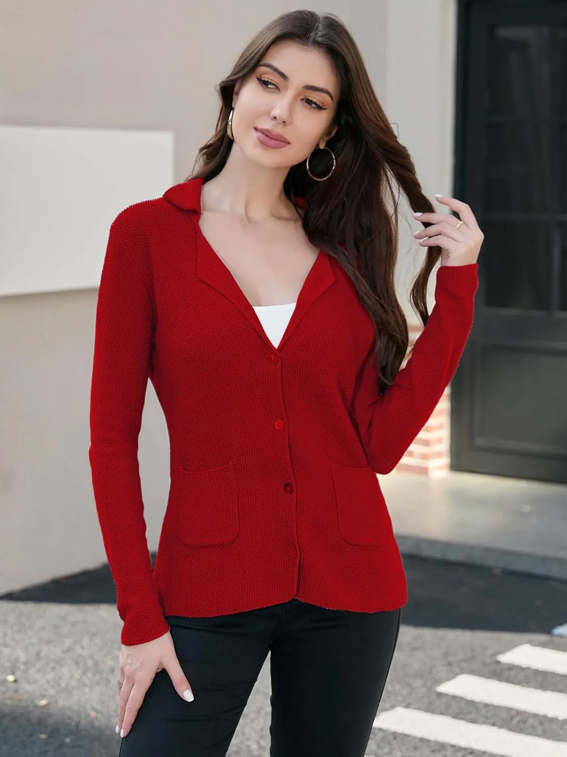 IDEALSANXUN Womens Knit Blazer Casual Lightweight Spring Fall Sweater Jackets Cardigan Coat